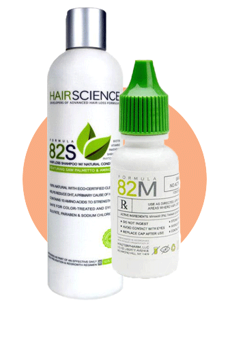 Hair Science shampoo and hair treatment bottles.